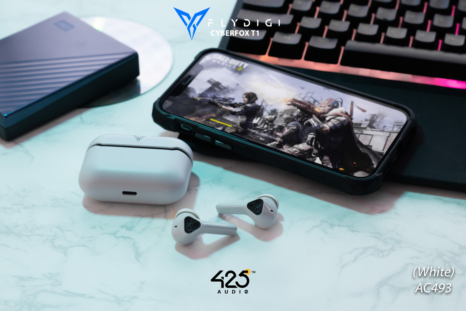 Flydigi Cyberfox t1,black,white,true wireless,gaming mode,ipx4,bluetooth 5.0,in-ear,หูฟังไร้สาย,เล่นเกมส์ไม่ดีเลย์,เสียงดี,ใส่สบาย,คุยโทรศัพท์ชัด,pubg,rov,call of duty mobile