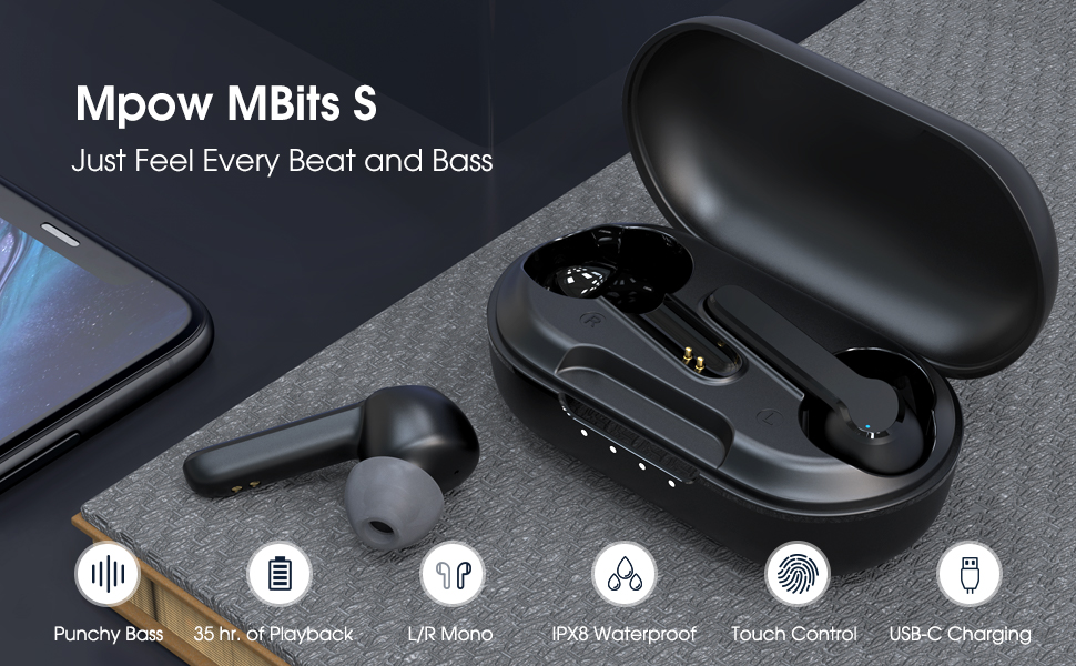 mpow mbits s,true wireless,black,หูฟังไร้สาย,คุยโทรศัพท์ชัด,เบสหนัก,เสียงดี,IPX8,iOS,Android,ไม่ดีเลย์
