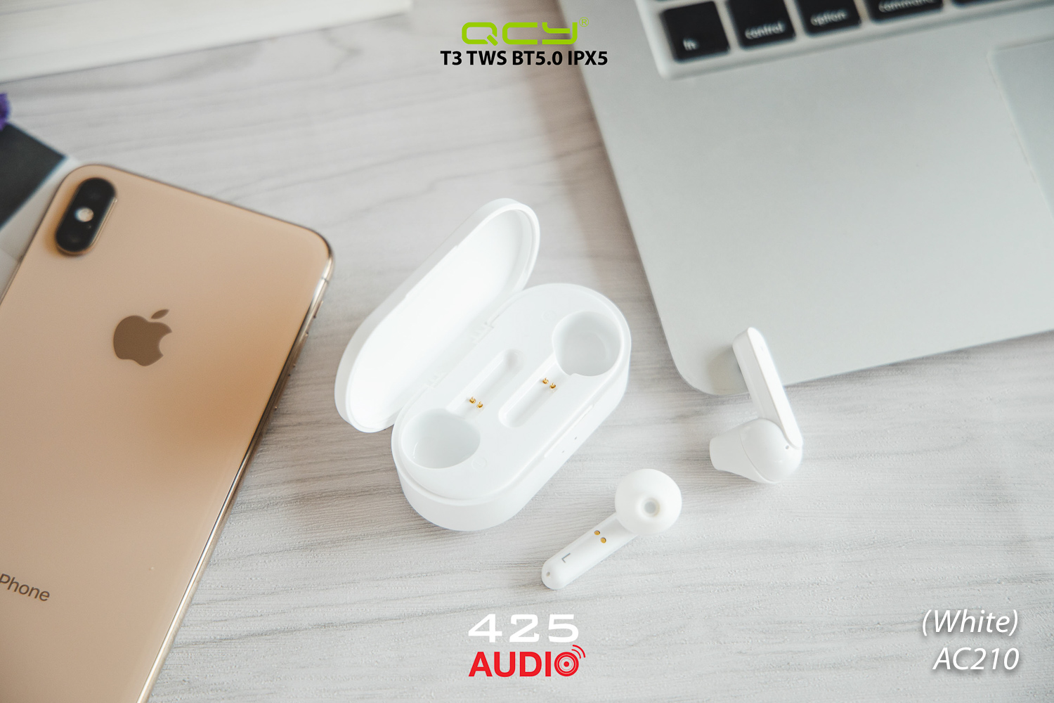 qcy,t3,earbud,true,wireless,touch,control,ipx5,stereo,delay,free,white,airpod,alternative,5.0